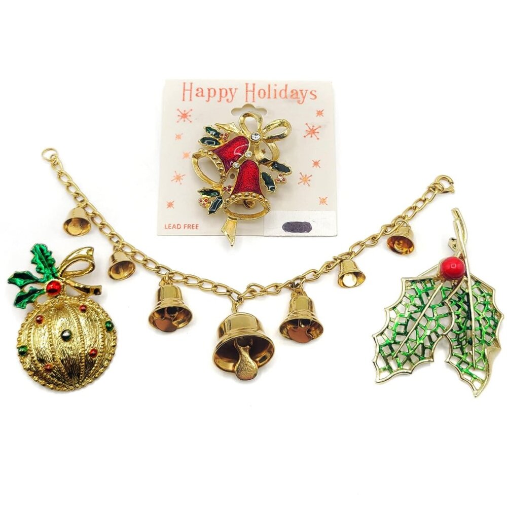 Christmas Jewelry Lot Pendant Enamel Brooch Jingle Bell Bracelet Gold Tone